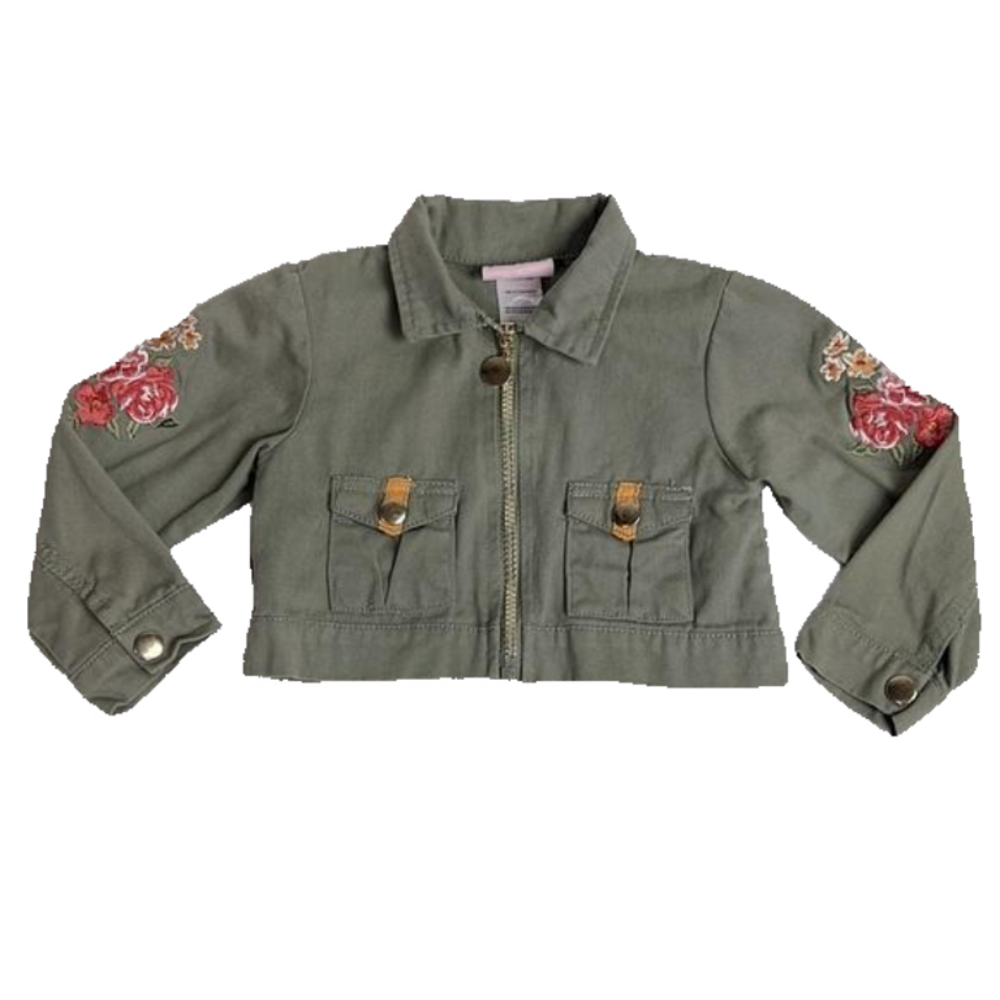 Little Lass Army/Olive Green Embroidered Flower Military Jacket Coat - Size 24M